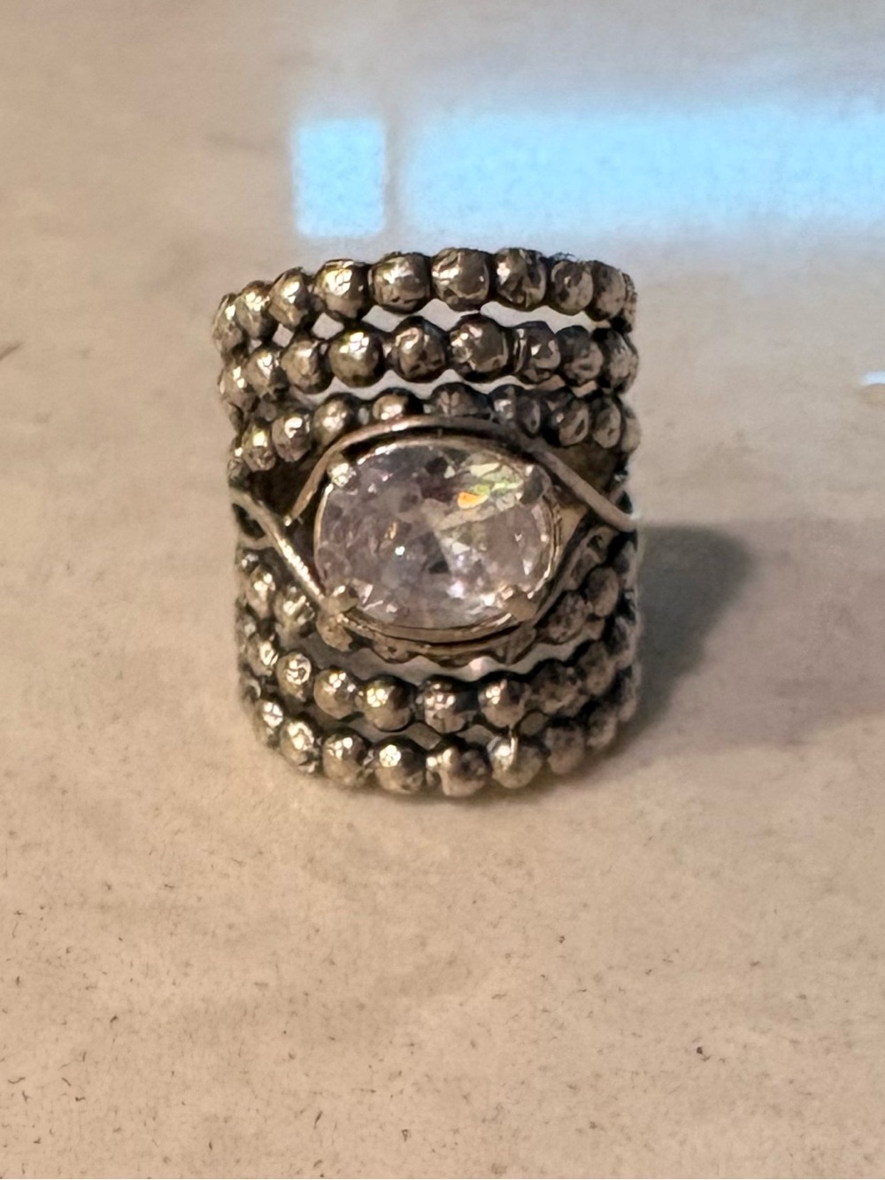 Sterling-Style Silver Beaded Stack Ring with Clear Stone